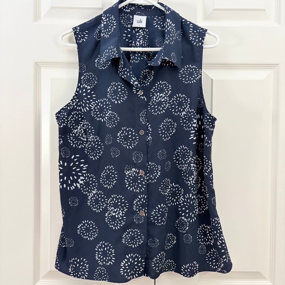 Cabi Dandelion Wish Printed Lightweight Sleeveless Peplum Blouse Womens L #5215